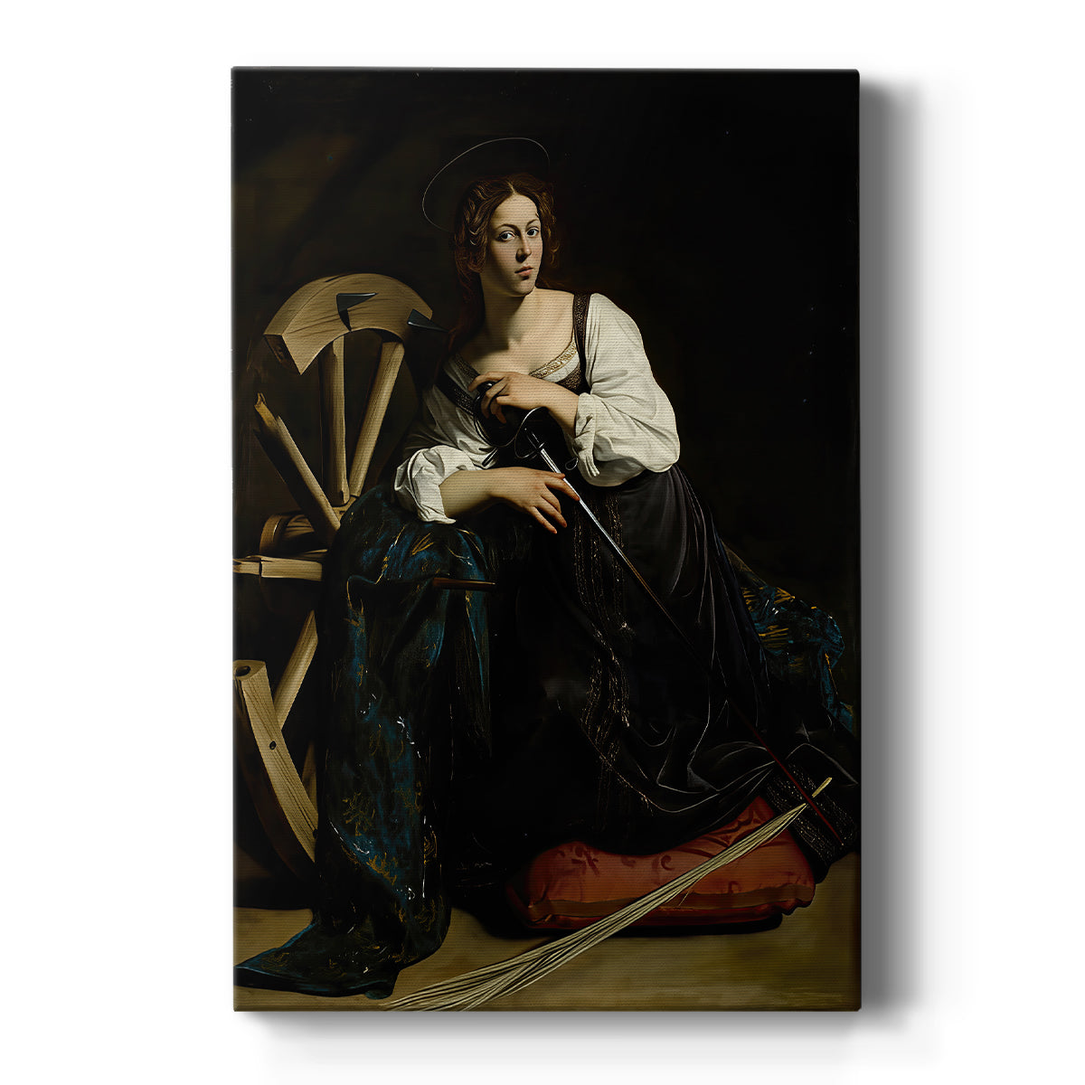 Canvas art print featuring a Baroque portrait of Saint Catherine with symbolic objects and soft light on a clean white background.