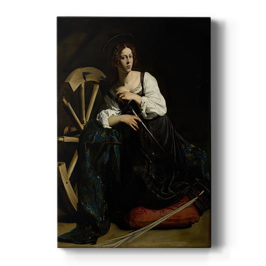 Canvas art print featuring a Baroque portrait of Saint Catherine with symbolic objects and soft light on a clean white background.