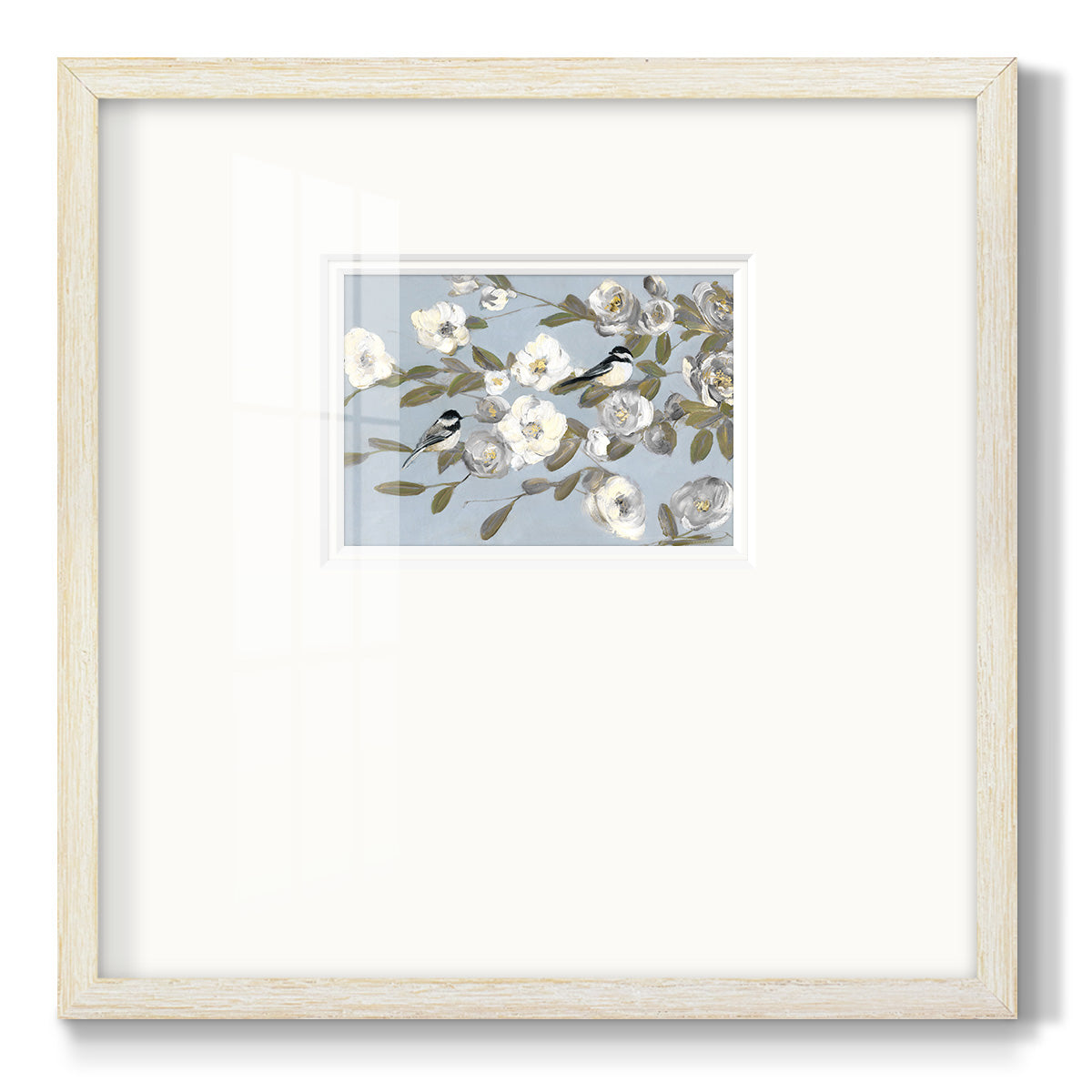 Chickadees and Blossoms I Premium Framed Print Double Matboard