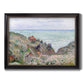 Impressionist coastal watch cabin scene by Claude Monet printed on canvas in an ornate black frame with gilded inner detail.