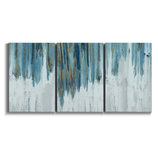 Three-panel canvas wall art featuring wide pastoral valley landscape on white background.