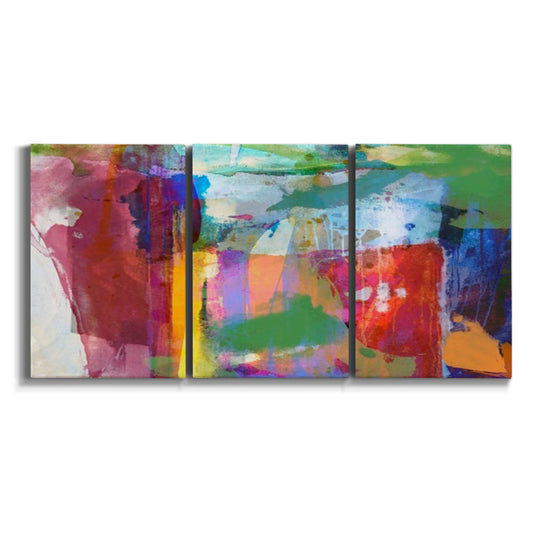 Three-panel canvas wall art featuring vibrant abstract color field panels on white background.