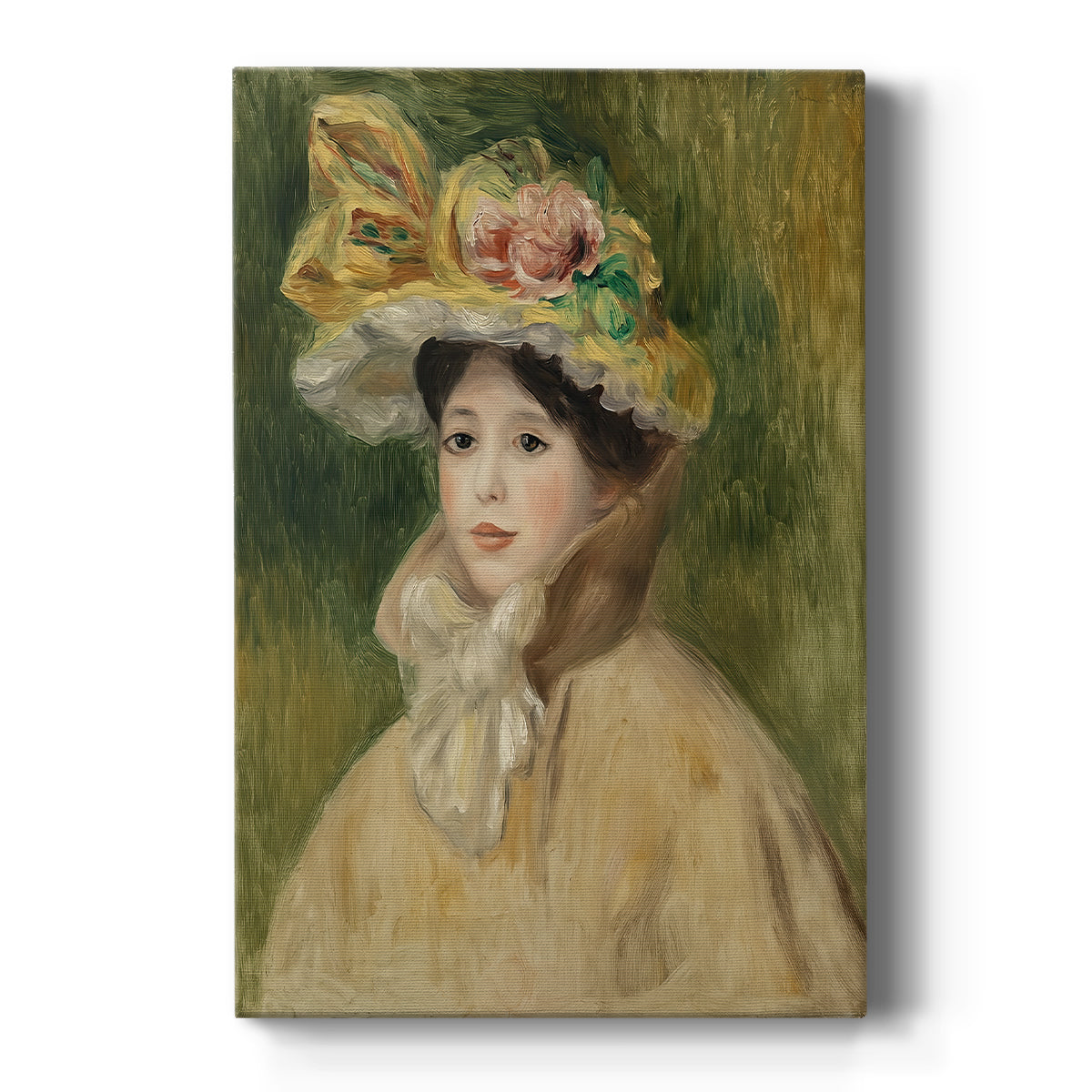 Canvas art print featuring an impressionist portrait of a woman wearing a wide-brimmed hat with soft tones on a clean white background.