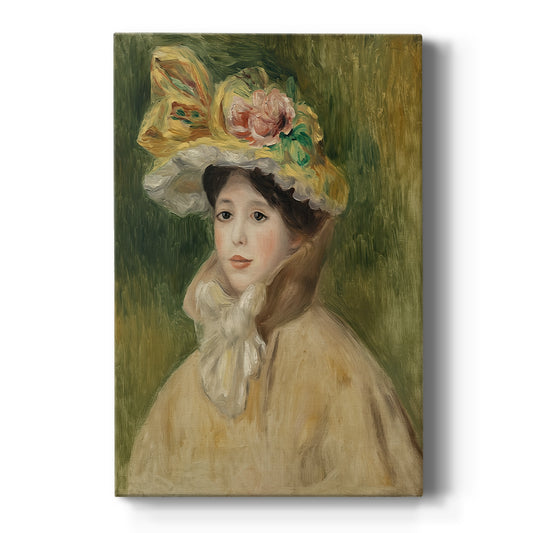 Canvas art print featuring an impressionist portrait of a woman wearing a wide-brimmed hat with soft tones on a clean white background.