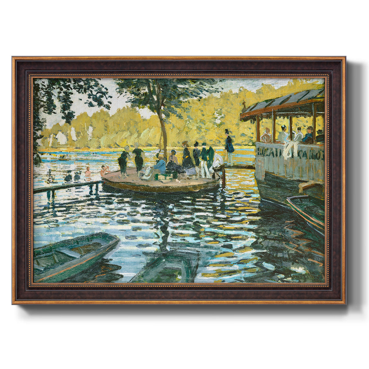 Impressionist riverside leisure scene by Claude Monet printed on canvas in an ornate bronzed mahogany wood frame.