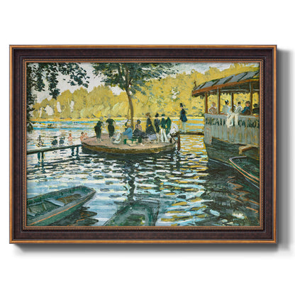 Impressionist riverside leisure scene by Claude Monet printed on canvas in an ornate bronzed mahogany wood frame.