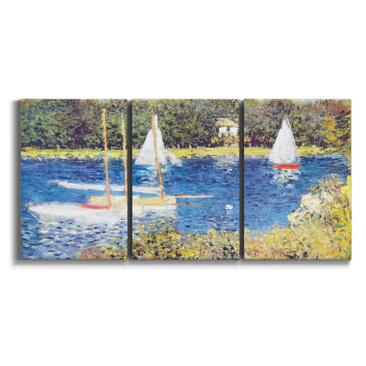 Three-panel canvas wall art featuring river scene with reflections on white background.