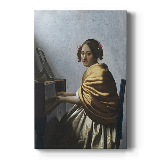 Canvas art print featuring a Baroque interior of a seated woman at a virginal with soft light on a clean white background.