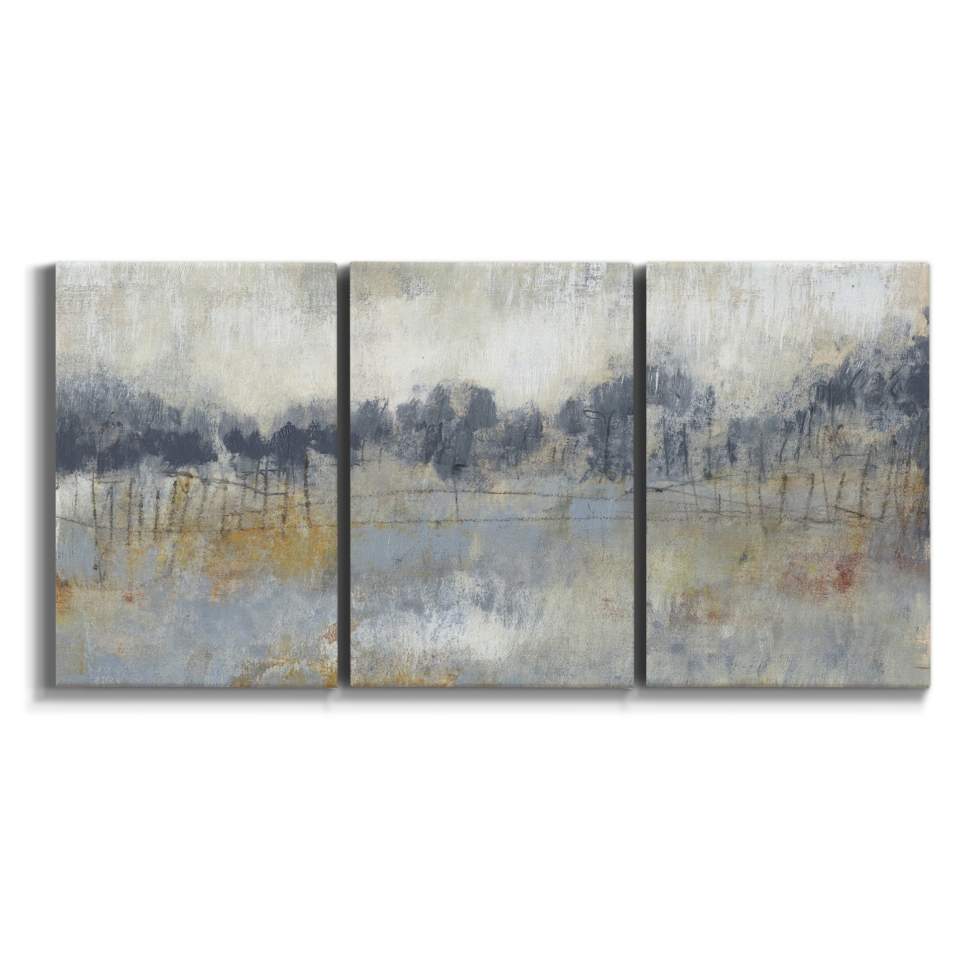 Three-panel canvas wall art featuring soft grey abstract horizon on white background.