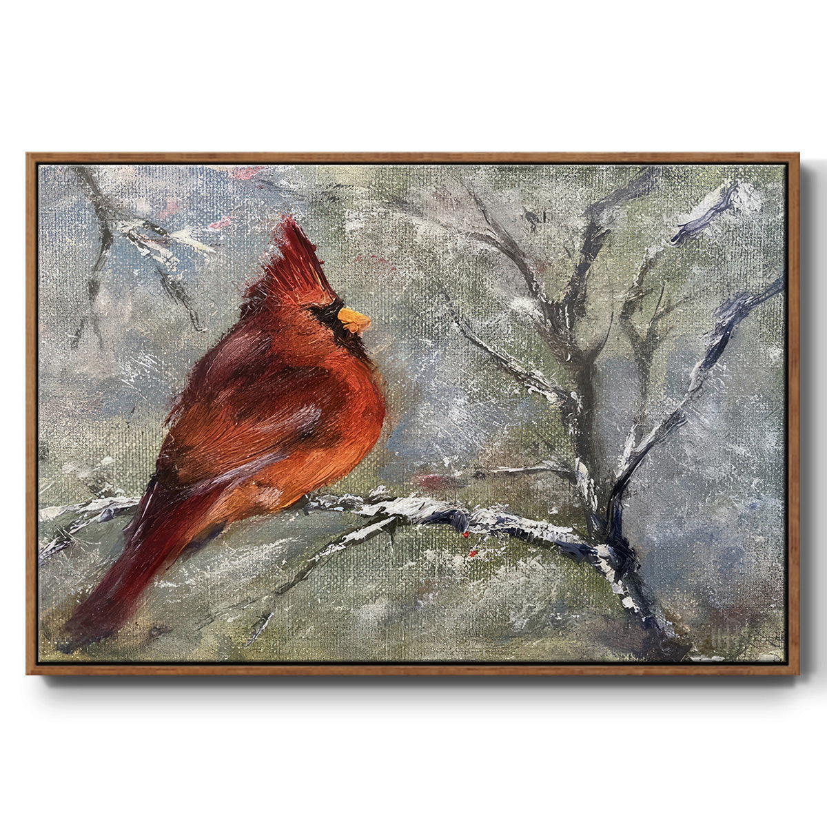 Cardinal in Snow II - Framed Gallery Wrapped Canvas in Floating Frame