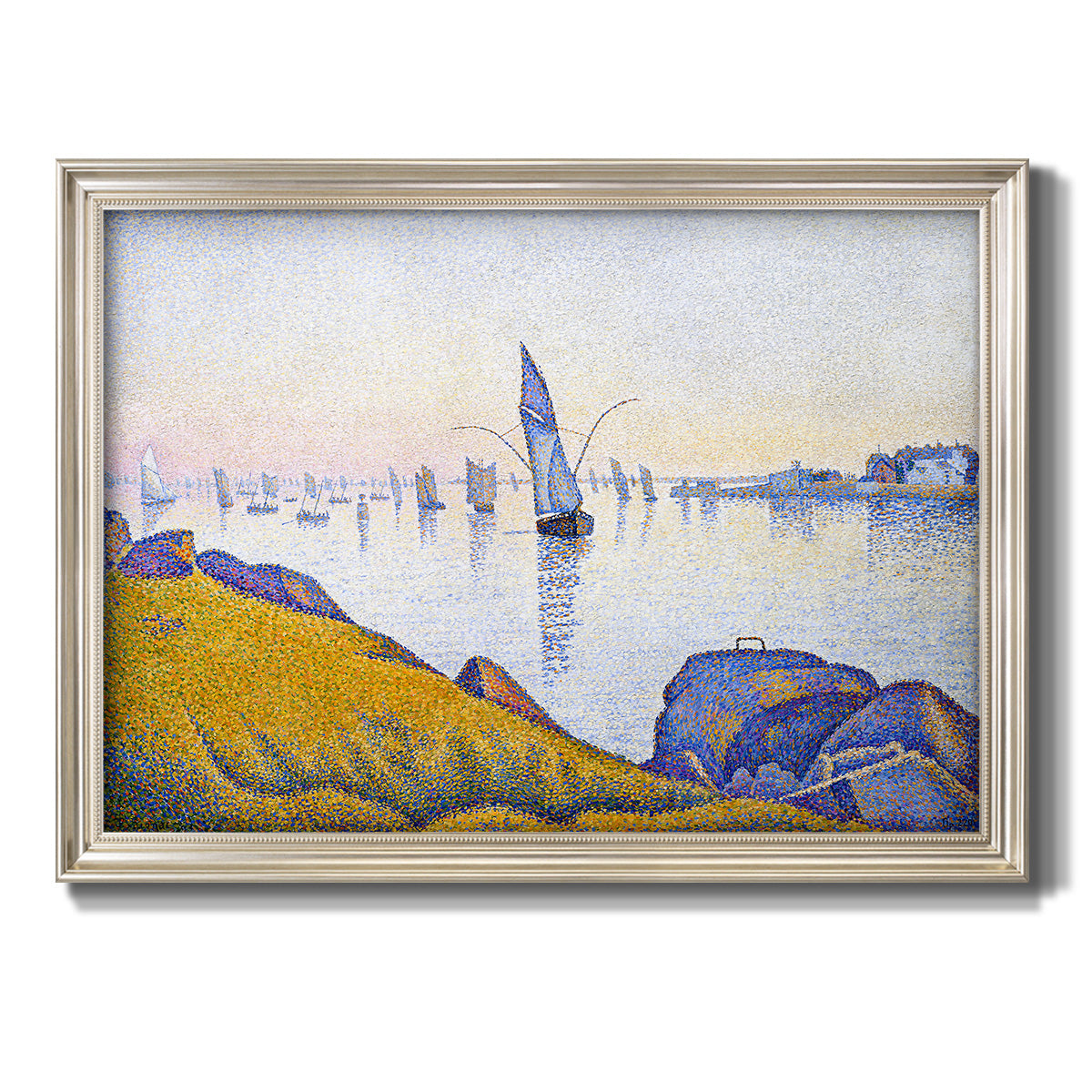 Impressionist coastal harbor at dusk by Paul Signac printed on canvas in an ornate champagne frame.