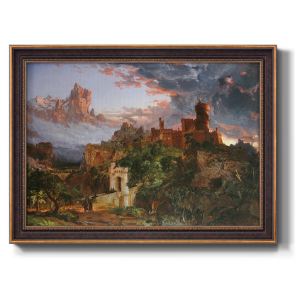Romantic allegorical landscape painting by Jasper Francis Cropsey printed on canvas in an ornate bronzed mahogany wood frame.