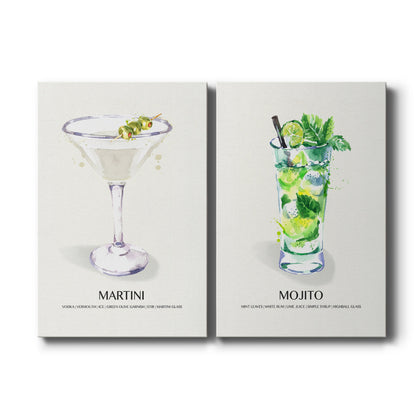 Set of two vertical canvas prints featuring vintage martini cocktail illustration, displayed side by side.