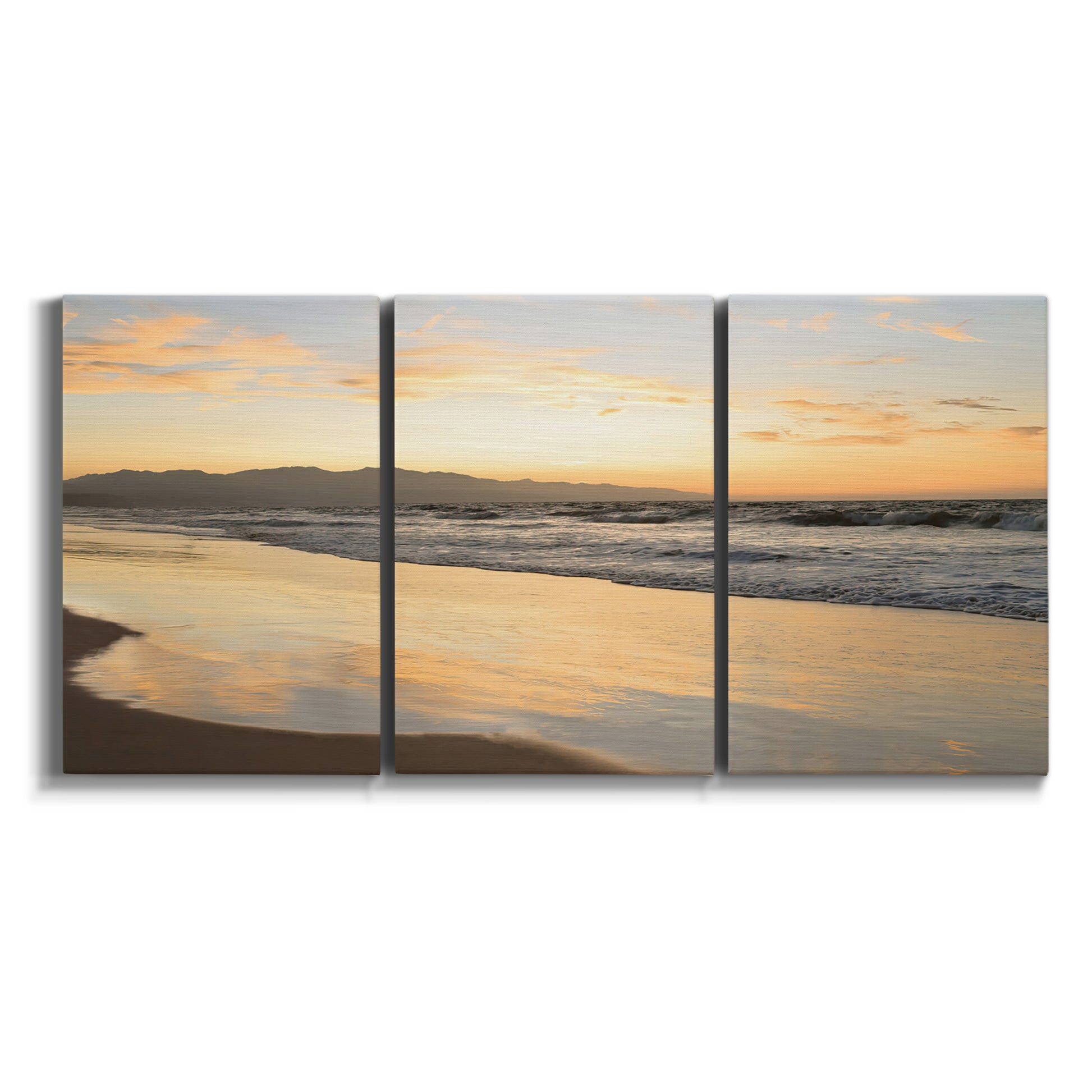 Three-panel canvas wall art featuring quiet tropical shoreline at low tide on white background.