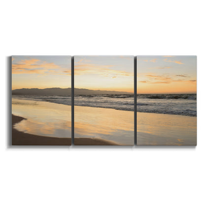 Three-panel canvas wall art featuring quiet tropical shoreline at low tide on white background.