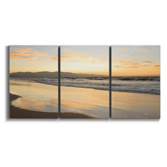 Three-panel canvas wall art featuring quiet tropical shoreline at low tide on white background.