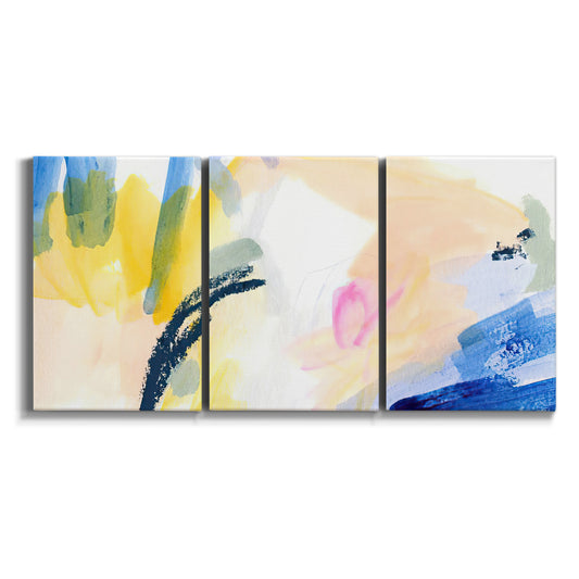 Three-panel canvas wall art featuring bright abstract candy colored strokes on white background.