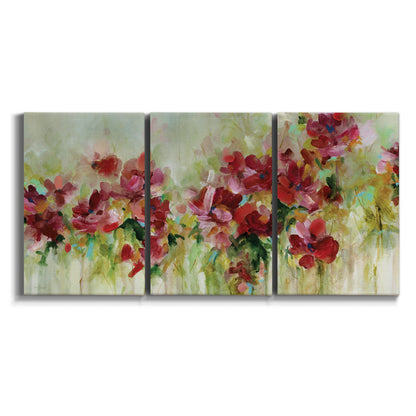 Three-panel canvas wall art featuring colorful floral garden composition on white background.