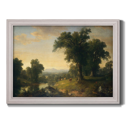 Traditional pastoral landscape painting by Asher Brown Durand printed on canvas in an ornate weathered white frame.