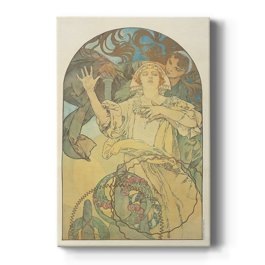 Canvas art print featuring an Art Nouveau poster of a woman with ornate details and phonofilm advertisement text on a clean white background.
