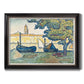 Impressionist harbor scene at Saint-Tropez by Paul Signac printed on canvas in an ornate black frame with gilded inner detail.