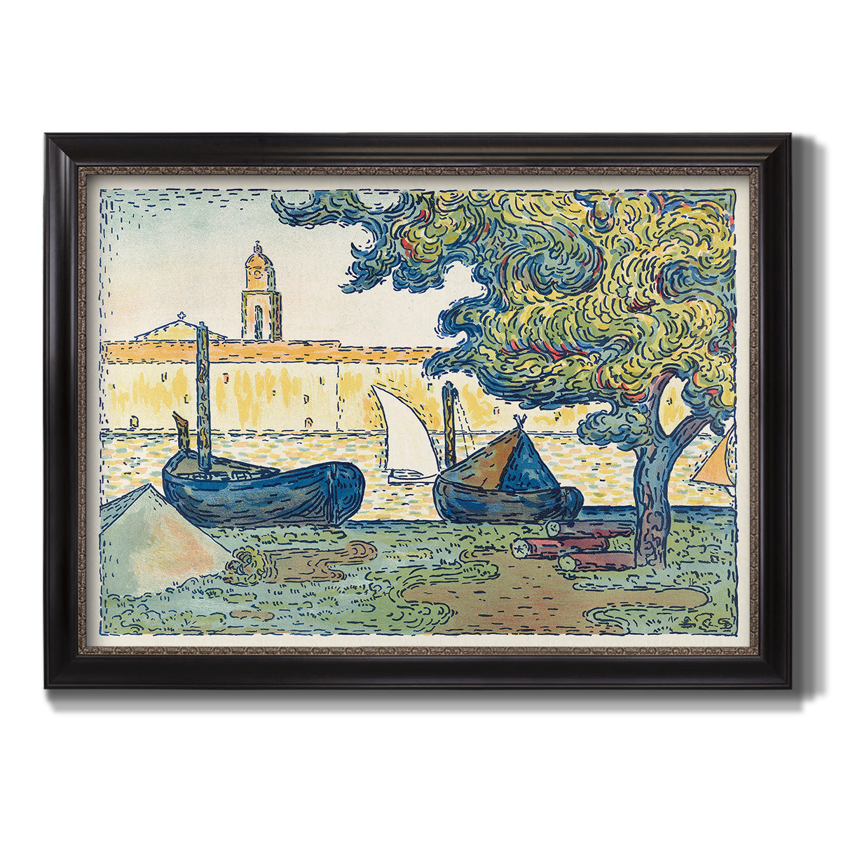 Impressionist harbor scene at Saint-Tropez by Paul Signac printed on canvas in an ornate black frame with gilded inner detail.