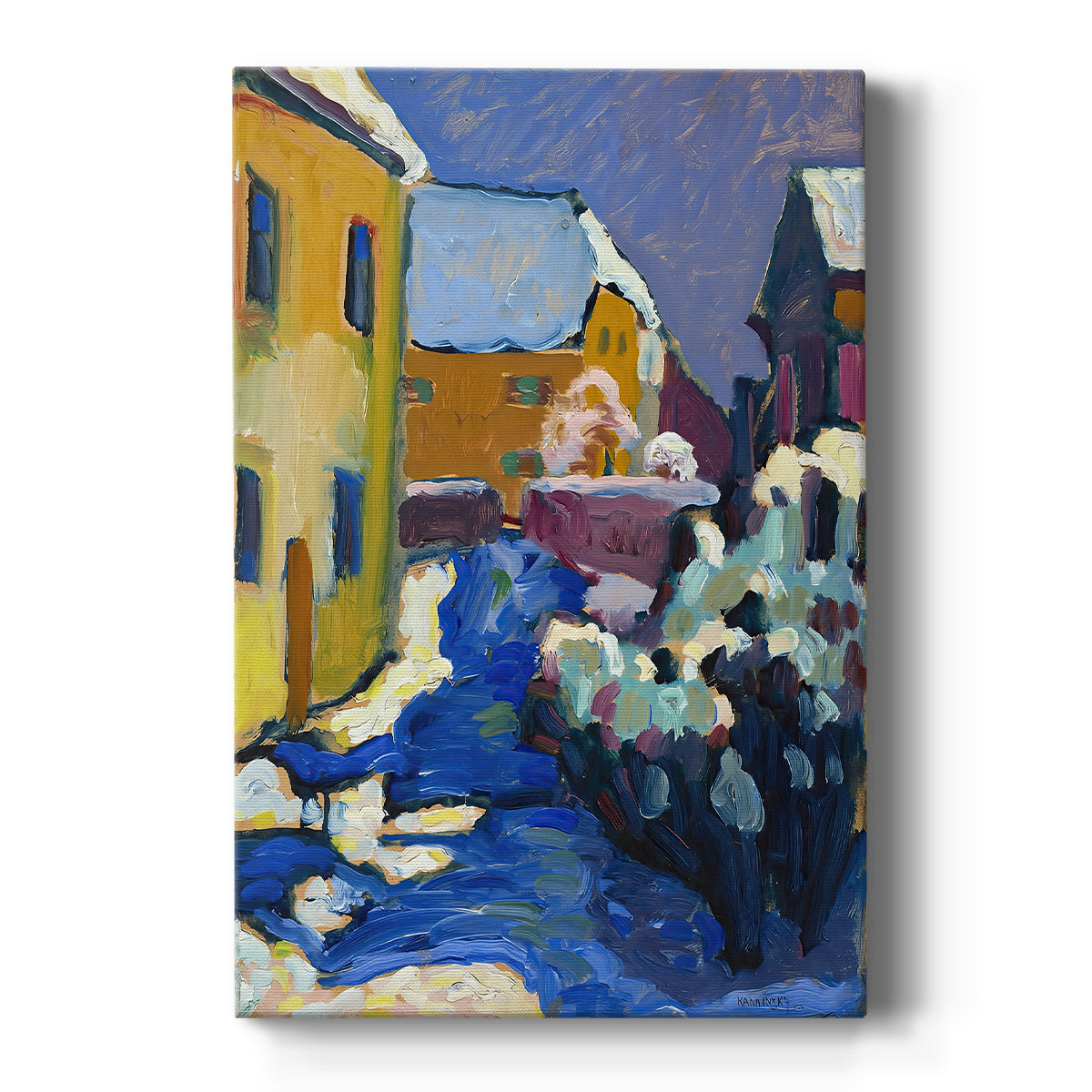 Canvas art print featuring an expressionist landscape of buildings in a snowy setting with bold color on a clean white background.