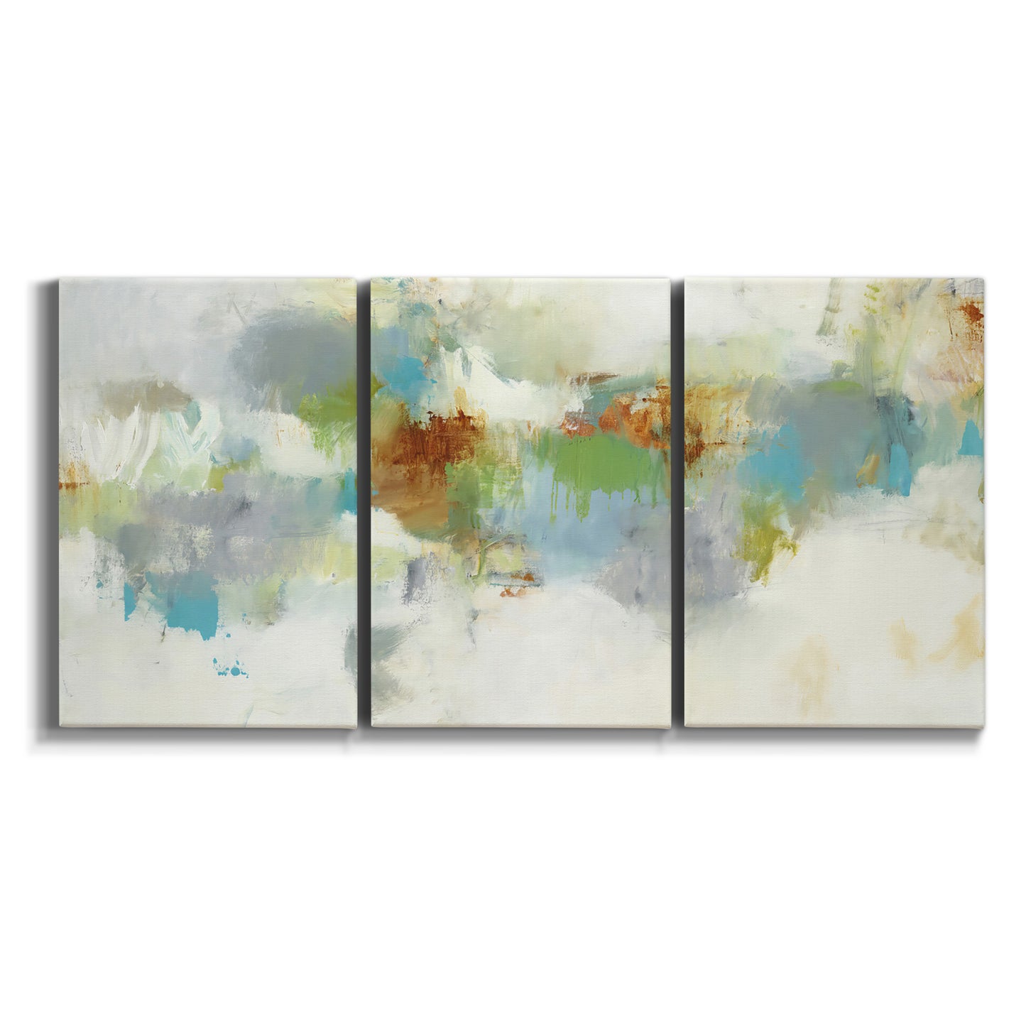 Three-panel canvas wall art featuring abstract suggestion of discovery on white background.