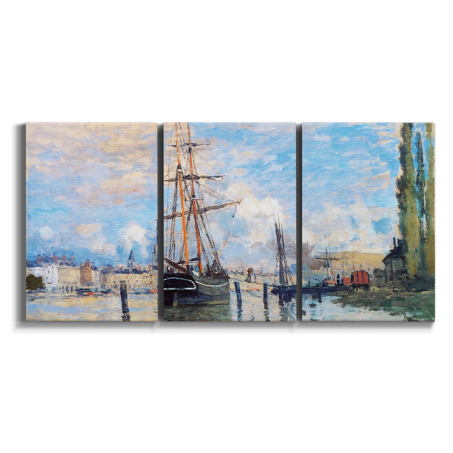Three-panel canvas wall art featuring busy river port scene on white background.
