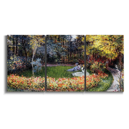 Three-panel canvas wall art featuring garden in full bloom by coast on white background.