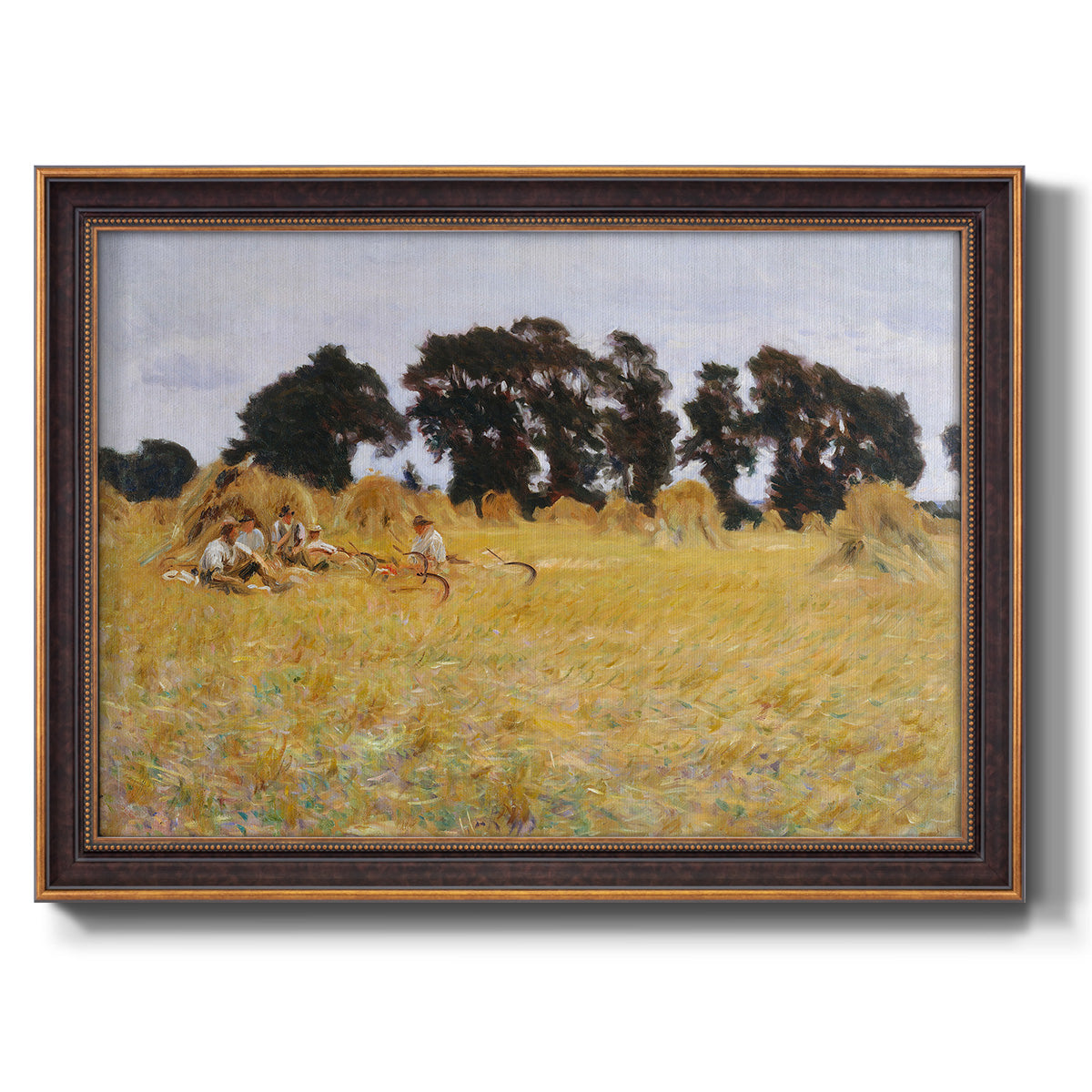 Impressionist rural harvest scene by John Singer Sargent printed on canvas in an ornate bronzed mahogany wood frame.