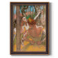 Impressionist ballet dancer composition by Edgar Degas printed on canvas in an ornate weathered white frame with a vertical orientation.