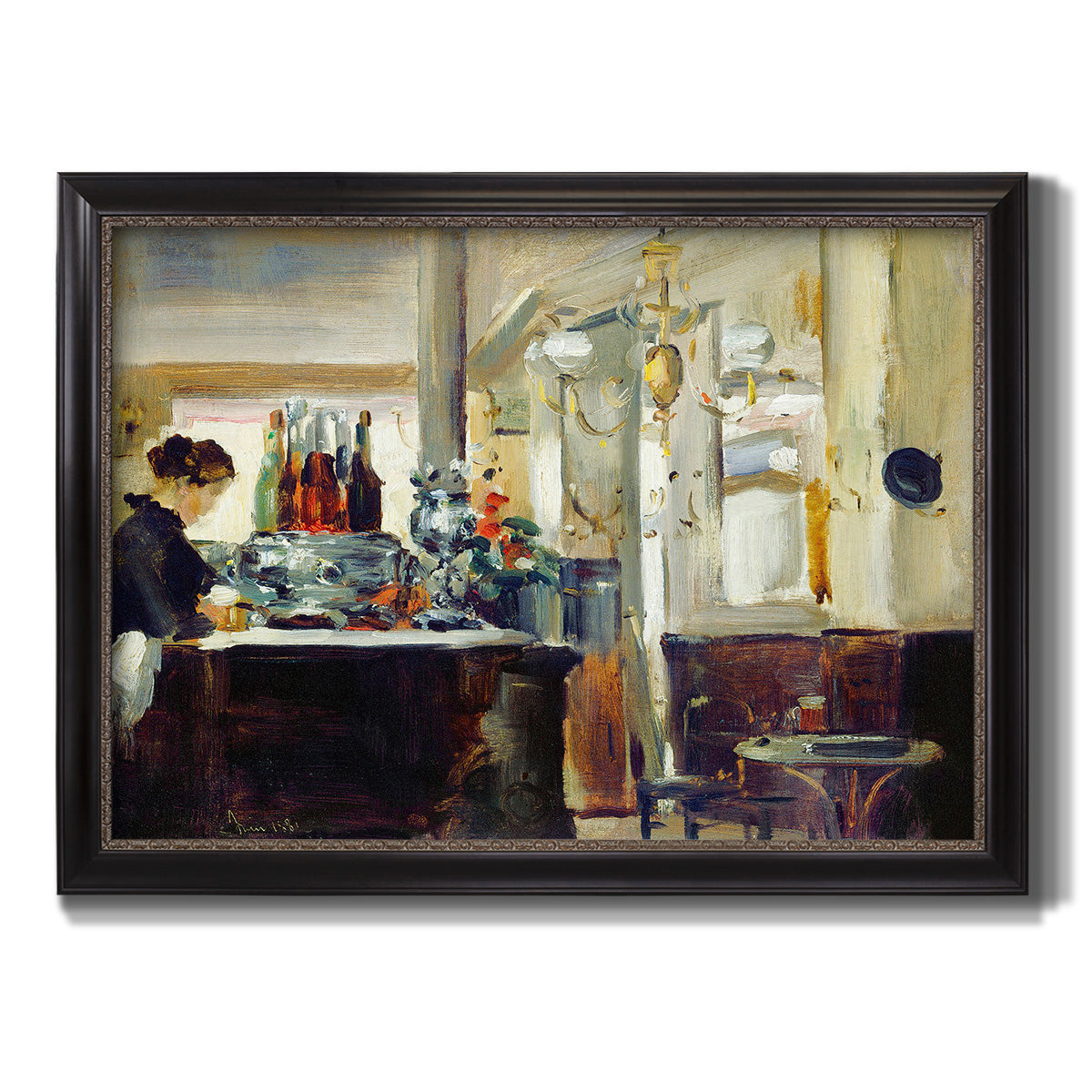 Impressionist café still life scene by Édouard Manet printed on canvas in an ornate black frame with gilded inner detail.