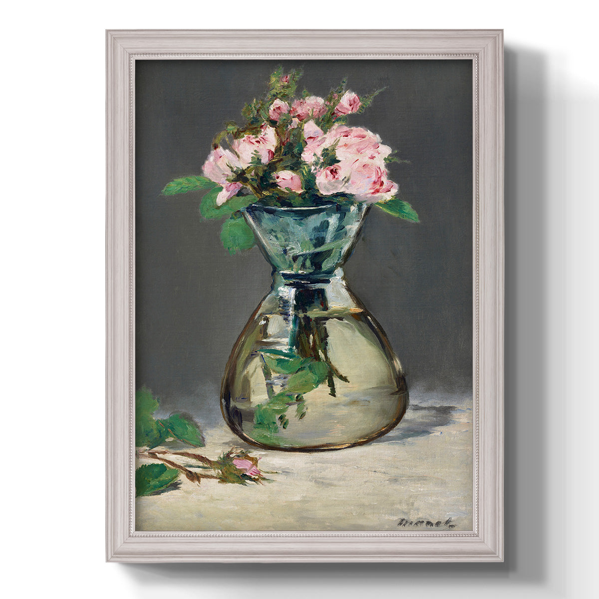 Moss Roses in a Vase - Ornate Framed Canvas Print
