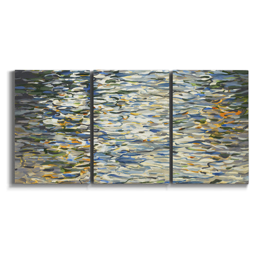 Three-panel canvas wall art featuring abstract water surface reflections on white background.