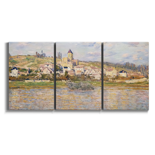 Three-panel canvas wall art featuring village overlooking river valley on white background.