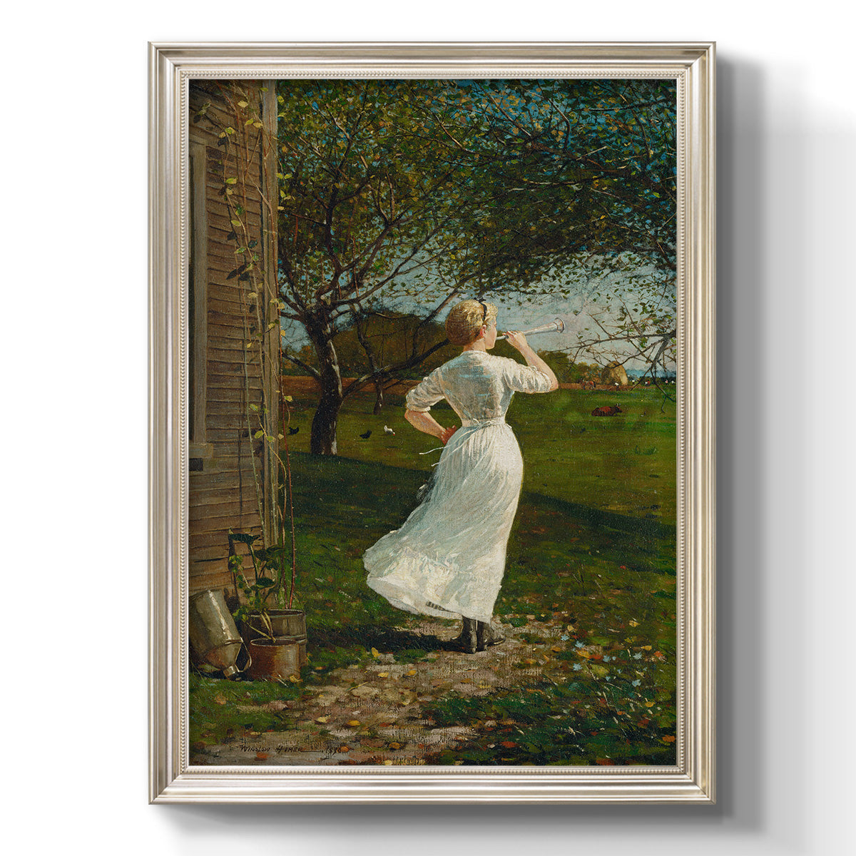 Narrative religious genre scene by Winslow Homer printed on canvas in an ornate champagne frame with a vertical orientation.