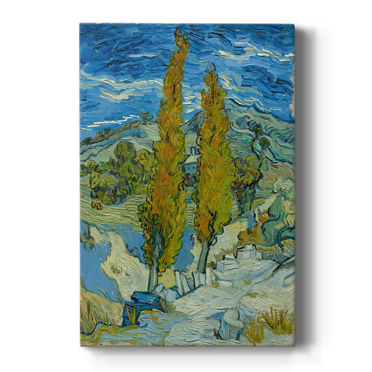 Canvas art print featuring an expressive landscape of tall poplar trees with bold color and movement on a clean white background.
