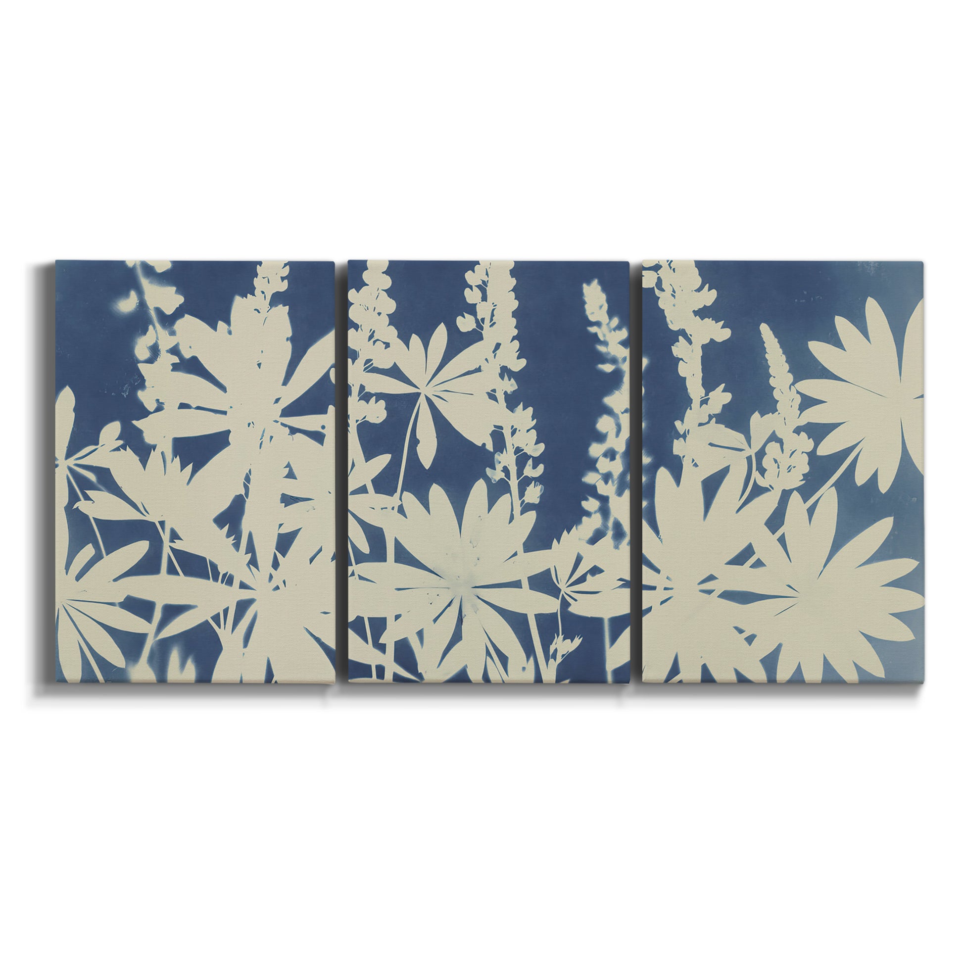 Three-panel canvas wall art featuring delicate lupine floral composition on white background.
