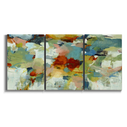 Three-panel canvas wall art featuring celebratory abstract color movement on white background.