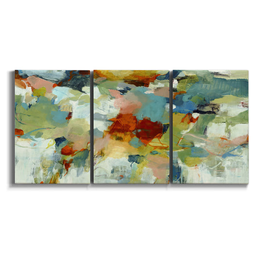 Three-panel canvas wall art featuring celebratory abstract color movement on white background.