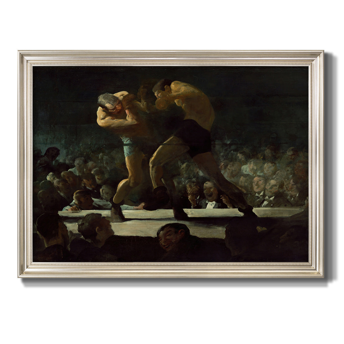 American social club scene painting by George Bellows printed on canvas in an ornate champagne frame.