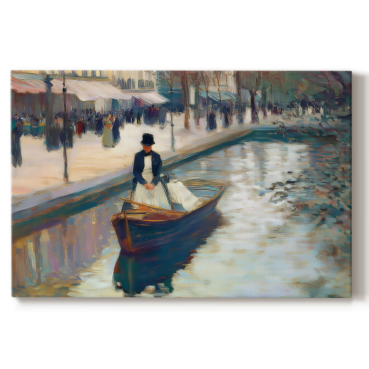 boat,canal,water,afternoon,person,urban,architecture,reflection,pedestrians,attire,serene,scenic,leisurely,transportation,nature,environment,city,travel,lifestyle,elegance,calm,couple,rowing,tranquility,park,historic,promenade,shadow,colors,beauty,art,picturesque,vintage,cultural,tradition,views,scenery,leisure,heritage,stroll,experience,charm,activity