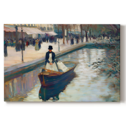 boat,canal,water,afternoon,person,urban,architecture,reflection,pedestrians,attire,serene,scenic,leisurely,transportation,nature,environment,city,travel,lifestyle,elegance,calm,couple,rowing,tranquility,park,historic,promenade,shadow,colors,beauty,art,picturesque,vintage,cultural,tradition,views,scenery,leisure,heritage,stroll,experience,charm,activity
