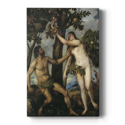 Canvas art print featuring a Renaissance scene of Adam and Eve in a natural setting with soft light on a clean white background.