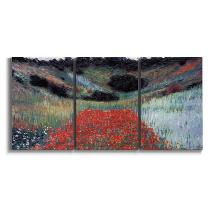 Three-panel canvas wall art featuring poppy field in shallow valley on white background.