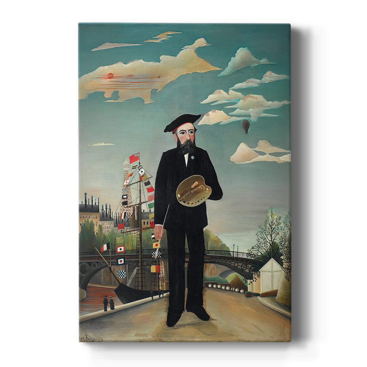 Canvas art print featuring a naïve-style self-portrait of a man standing before a stylized city and landscape on a clean white background.