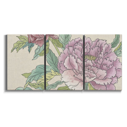 Three-panel canvas wall art featuring soft pink peony blossoms on white background.
