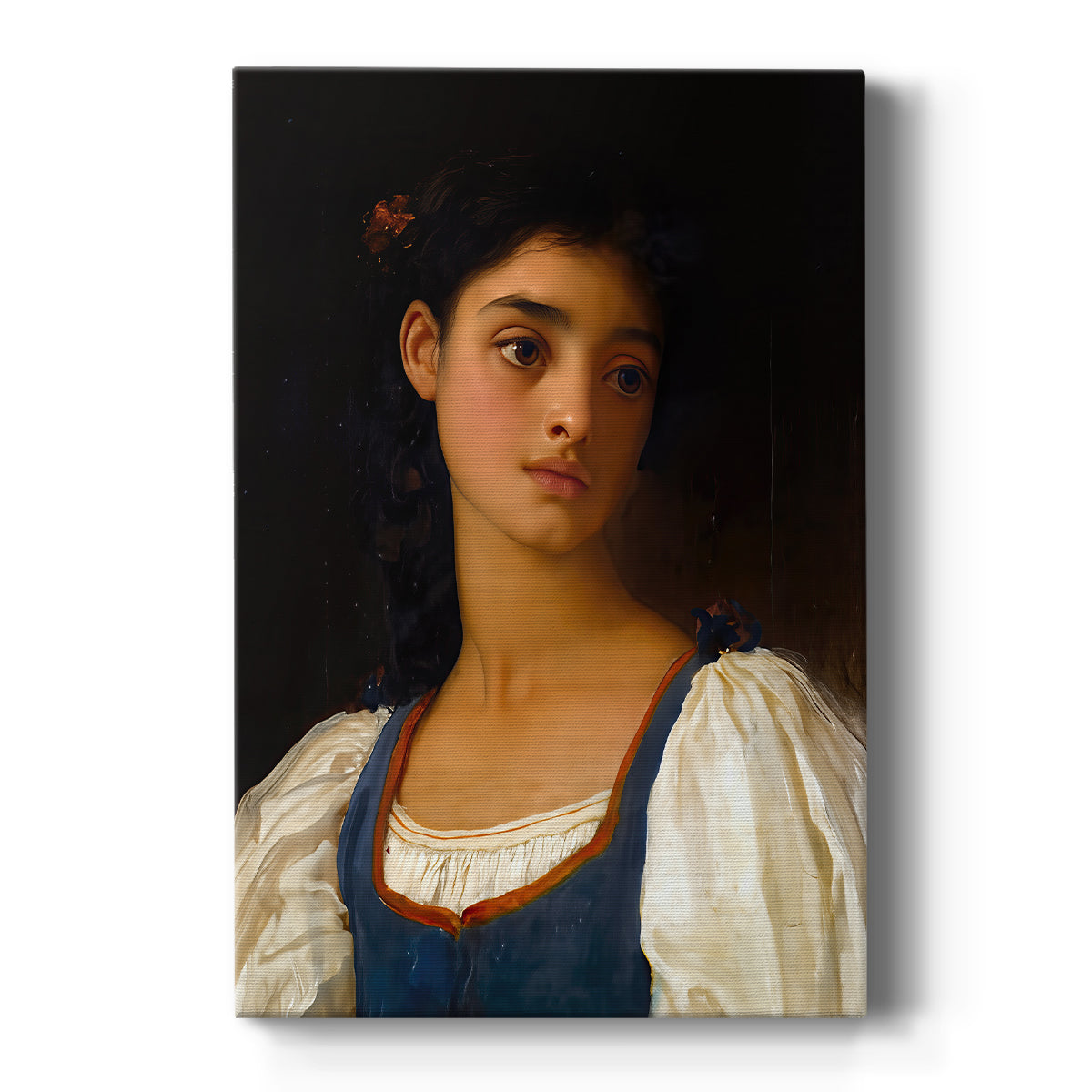 Canvas art print featuring a classical portrait of a woman with dark hair and serene expression on a clean white background.