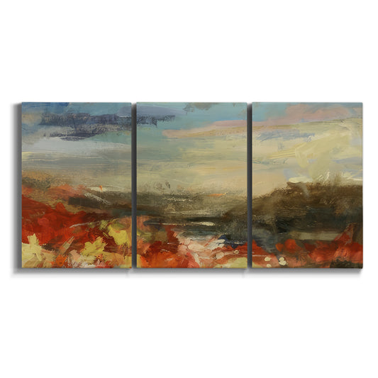Three-panel canvas wall art featuring open countryside landscape on white background.